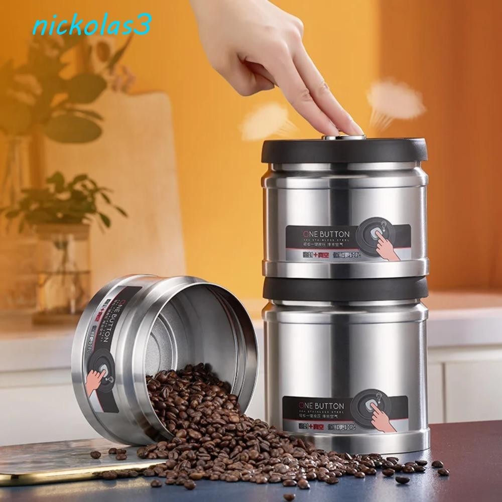NICKOLAS咖啡豆真空密封罐,手壓式750/1100/1600毫升咖啡豆罐,防潮銀色穀物儲存容器