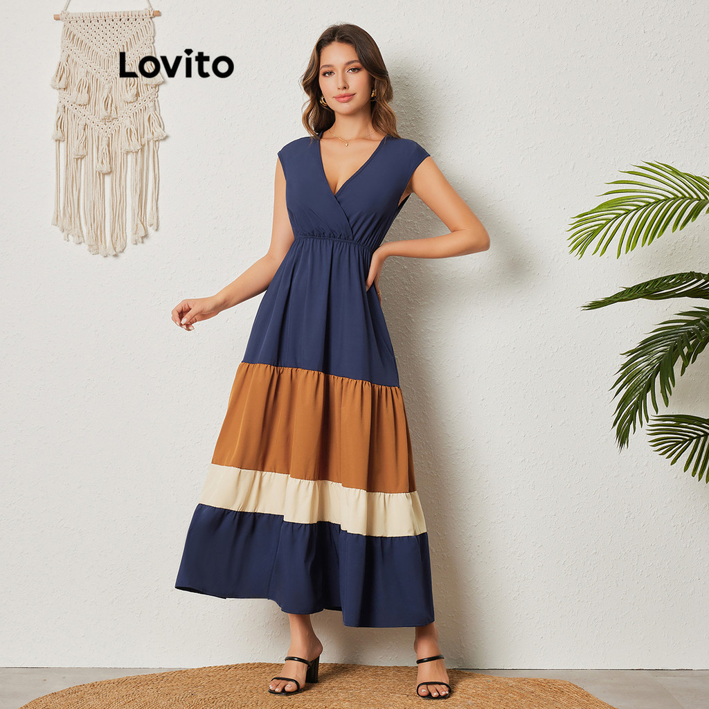 Lovito 女用優雅素色裹身疊層連身裙 LBL08434