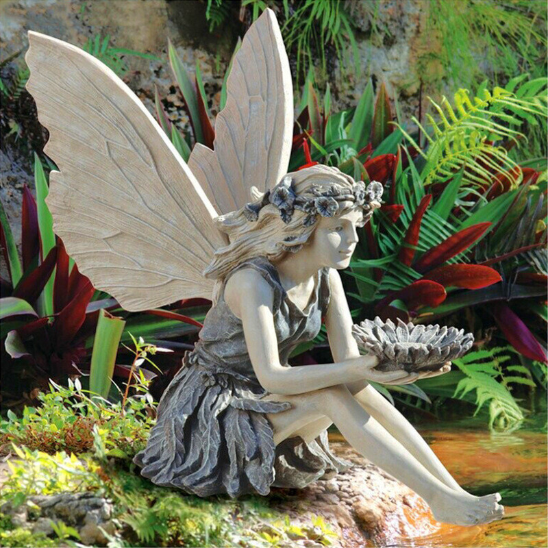 向日葵花仙女天使喂鳥器雕像花園裝飾樹脂擺件工藝品