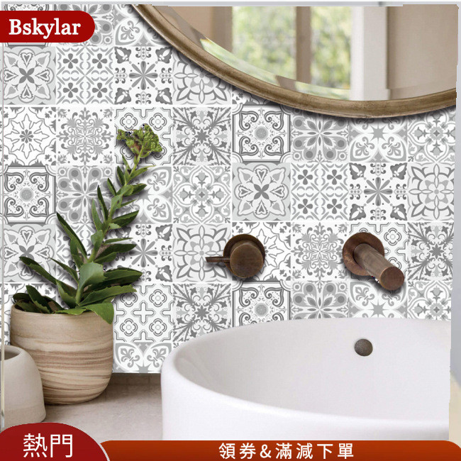 Bskylar 12張Pvc復古瓷磚牆貼自粘廚房浴室防水裝飾壁紙