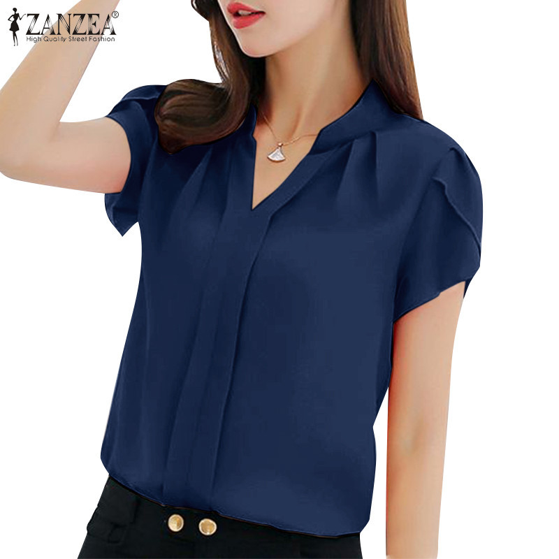 Zanzea 女式韓版休閒純色 V 領包袖襯衫