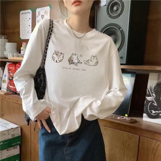 【臺灣出貨】XH 210g 純棉長袖T恤 oversize寬鬆衛衣內搭打底衫女 2024春季新款上衣 圓領T恤 簡單圖案