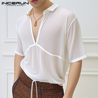 Incerun 男士韓版日常時尚V領短袖純色T恤
