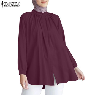 Zanzea 女士穆斯林日常立領燈籠袖純色襯衫
