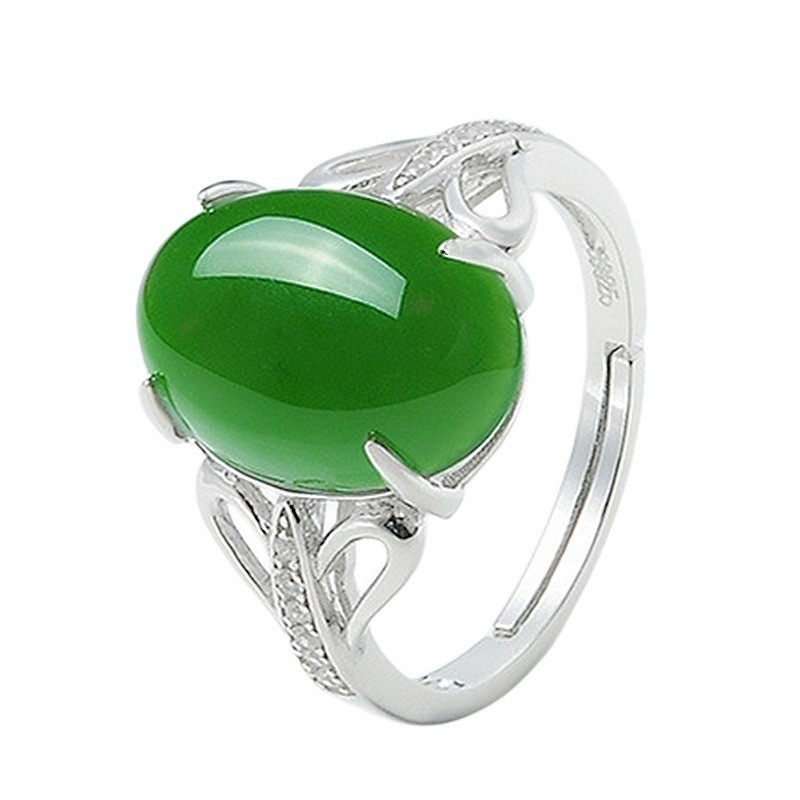 時尚女款戒指 新品創意綠瑪瑙開口戒指簡約復古鑲鑽戒指男女玉髓飾品銀飾
