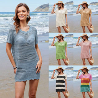 新款 女士鏤空海灘罩衫夏季泳衣針織短袖沙灘寬鬆洋裝