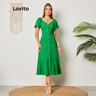 Lovito 女款休閒素色扣正面荷葉邊下擺連身裙 LBL08421