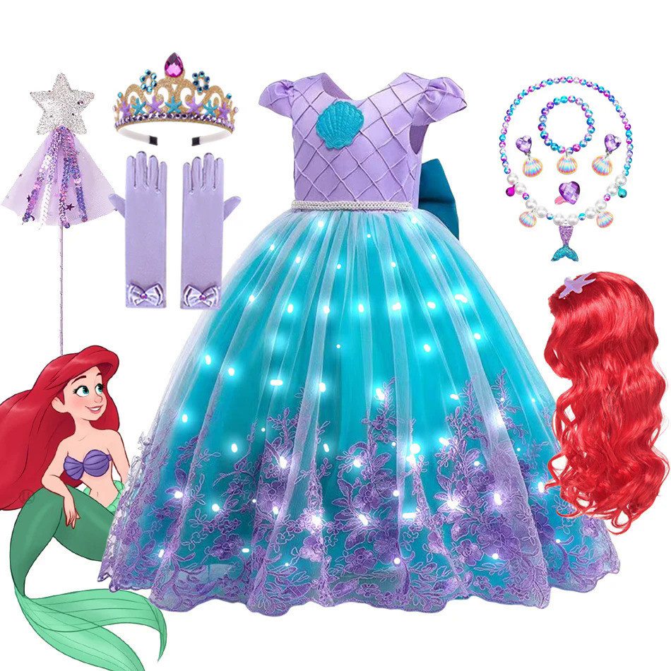 迪士尼小美人魚點亮禮服服裝女孩愛麗兒角色扮演生日公主萬聖節嘉年華派對禮服兒童服裝