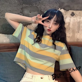 【現貨速發】 【DIFF】韓版寬鬆彩虹條紋短袖上衣 短版上衣 短袖t恤 女裝 顯瘦上衣 衣服 寬鬆上衣 素T 短板上衣【