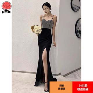 高階小晚禮服長裙女新品新款新上市魚尾裙宴會氣質黑色高級質感輕奢小眾會禮服 名媛性感一字領無袖露背吊帶裙婚禮洋裝伴娘服尾牙