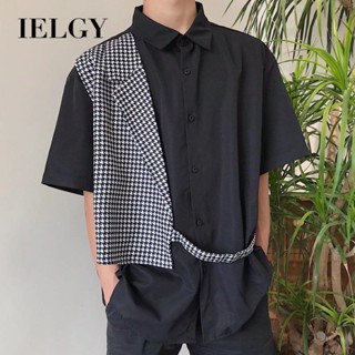Ielgy男士短袖襯衫夏季設計感韓版千鳥格襯衫寬鬆上衣