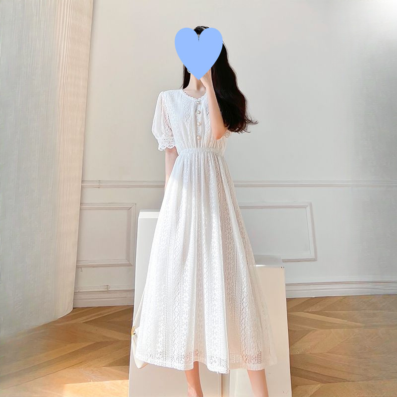 白色蕾絲洋裝女2023年夏季薄款法式超仙森系長款收腰顯瘦茶歇裙
