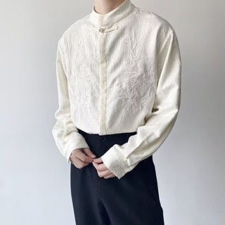 新中式中國風盤扣刺繡長袖襯衫男裝 設計感高級唐裝道袍襯衫外套春 M-3XL