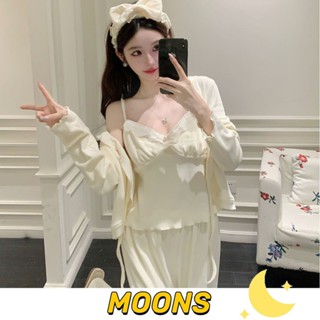 Moons⭐秋冬海島絨純慾風可拆式胸墊睡衣三件套裝 性感睡衣 吊帶睡衣 長袖長褲睡衣 雙面絨睡衣 法蘭絨睡衣 韓國居家服