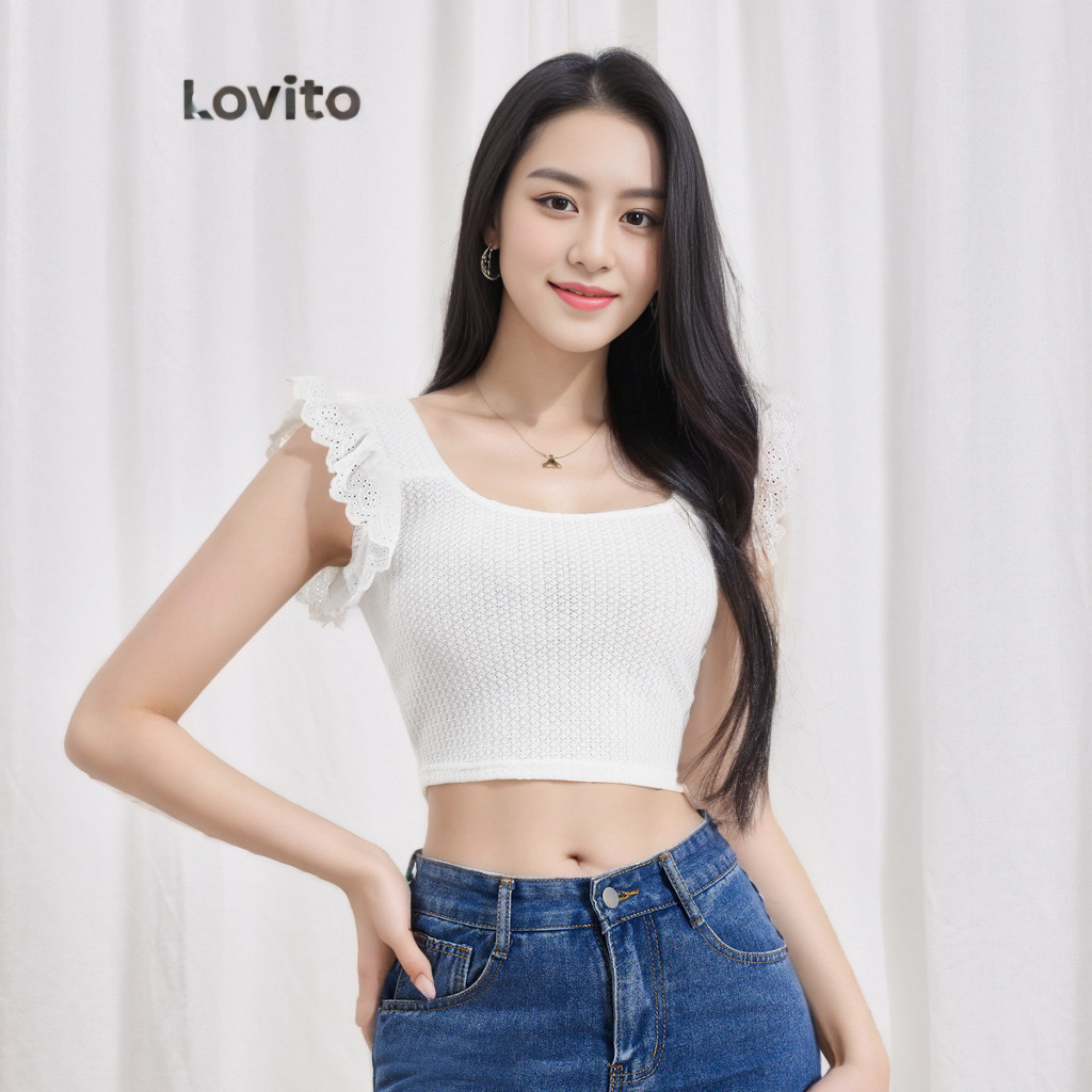 Lovito 波西米亞女平紋布料拼接背心 LBL06158 (白色)
