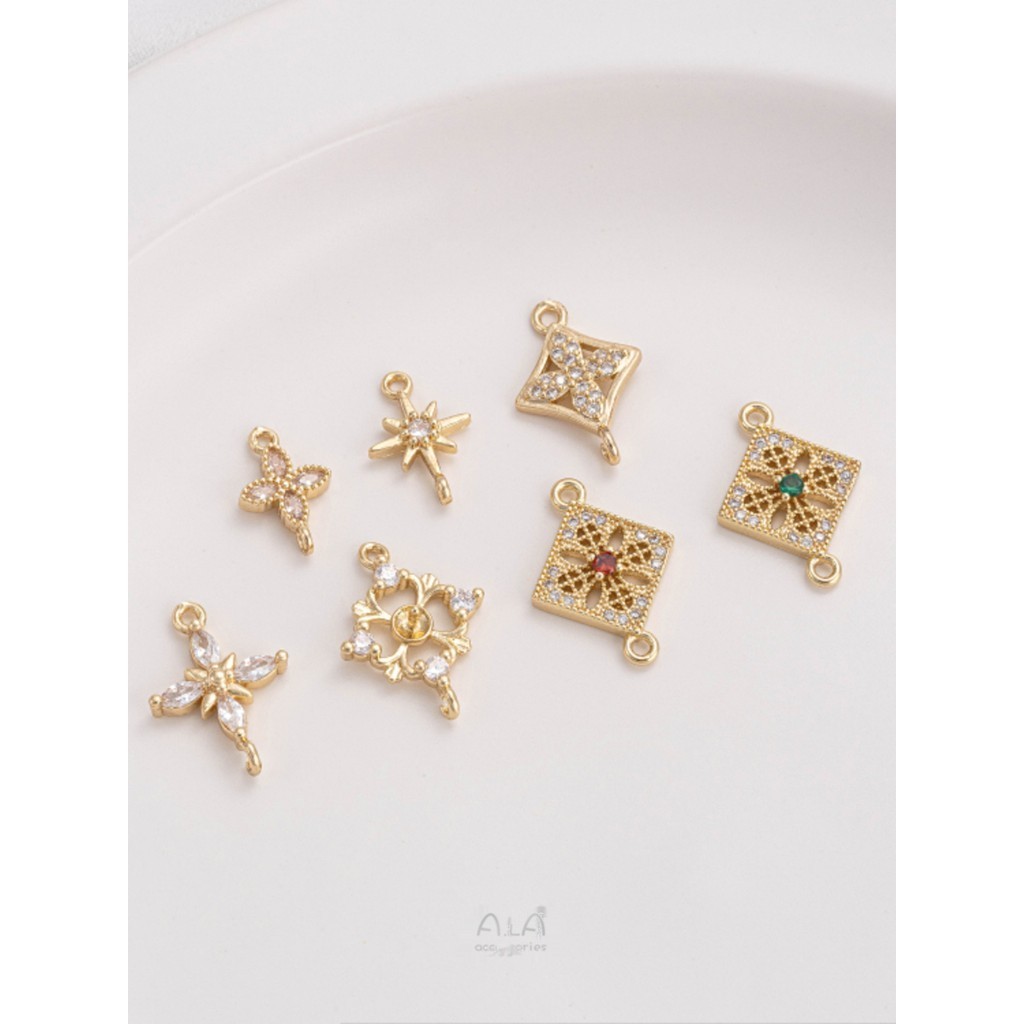 Ala- 14K包金保色鑲鋯四葉草芒星菱形雙吊連接件手鍊項鍊配件耳環吊飾