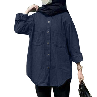 Hijabista 女士穆斯林純色落肩長袖翻領口袋襯衫