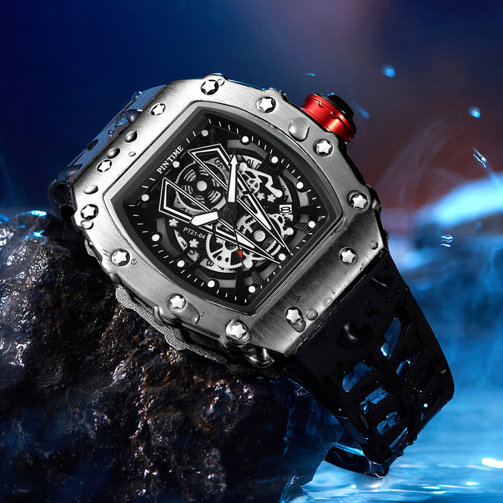 PINTIME品牌 8140 方形 鏤空 石英 夜光 高級男士手錶