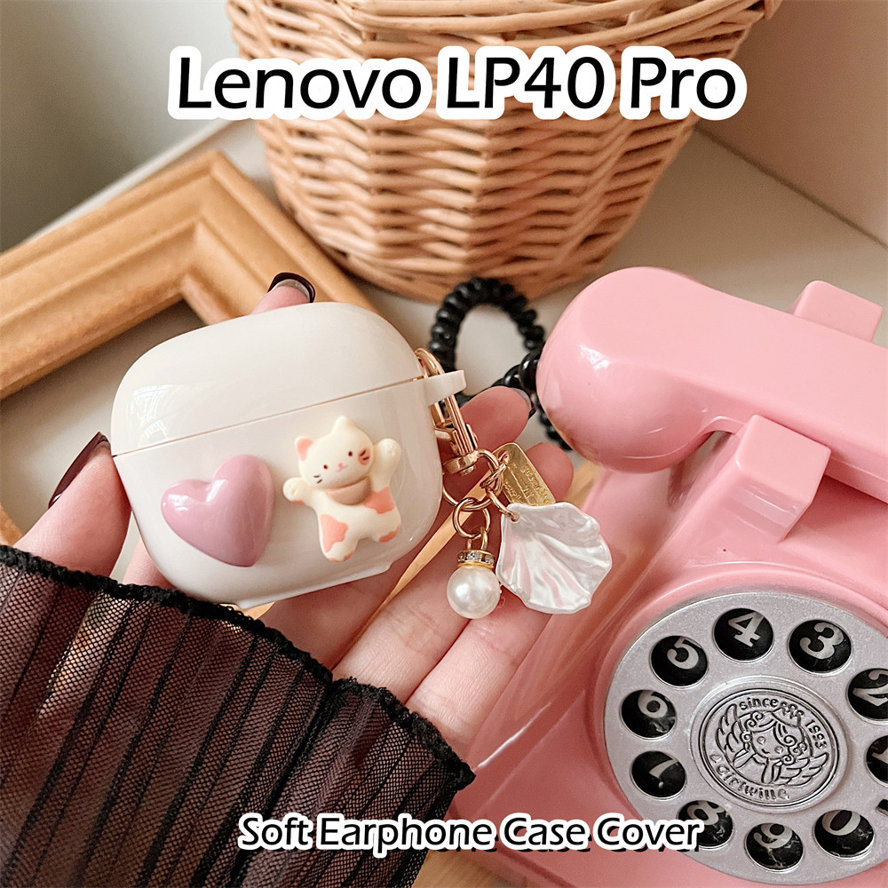 LENOVO [潮流正面] 適用於聯想 LP40 Pro 手機殼 DIY 奶油色心形裝飾軟矽膠耳機殼外殼保護套