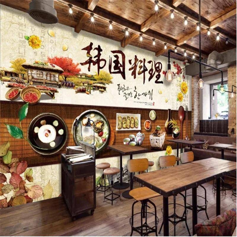 定製復古手工韓國主題餐廳風景牆紙韓式燒烤背景工業裝飾壁畫壁紙3d