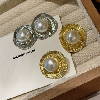 銀針歐美時尚金屬鈕扣珍珠氣質設計感圓形扇貝耳環