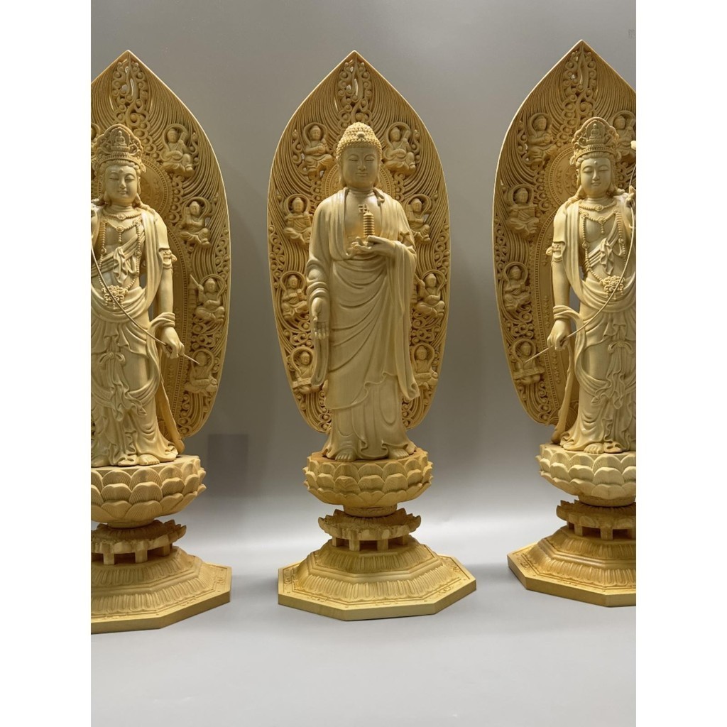 精品檜木雕東方三聖日光月光菩薩藥師佛佛像家用公司佛龕供奉飾品