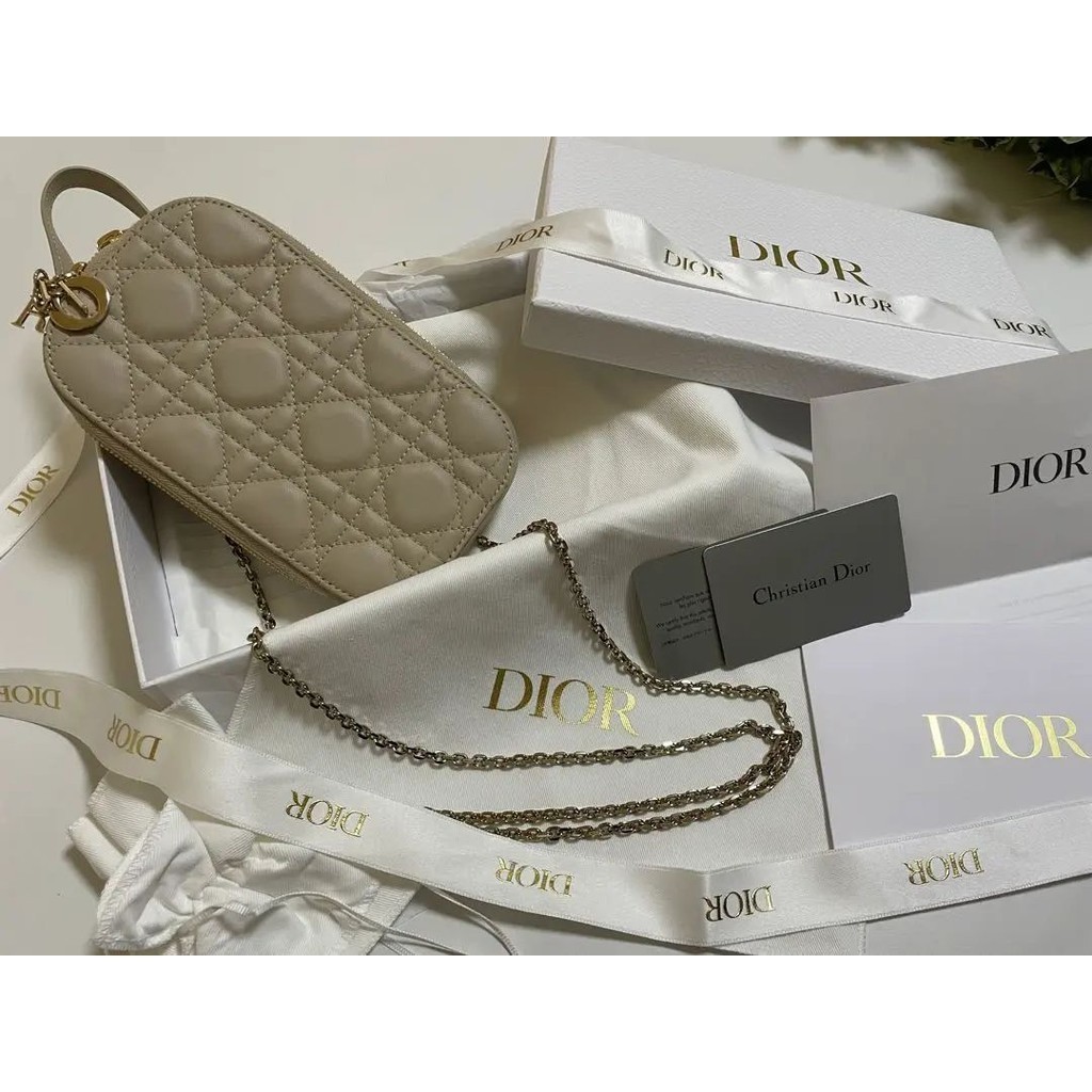 近全新 Dior 迪奧 肩背包 Mini Cannage Lady 米色 小羊皮 mercari 日本直送 二手