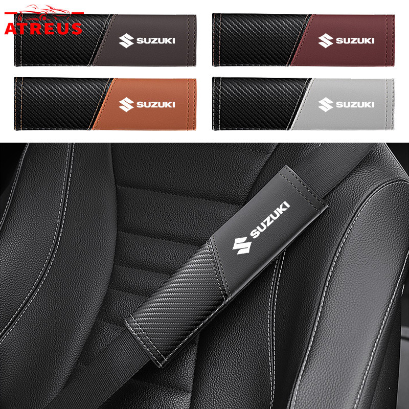 SUZUKI 2 件裝鈴木汽車座椅安全帶套皮革碳纖維紋理安全帶肩墊肩部保護套適用於鈴木 ERTIGA XL7 Swift
