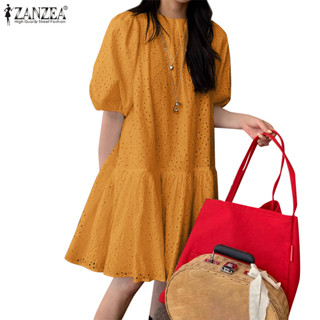 Zanzea 女士休閒日常短袖泡泡袖魚尾蕾絲刺繡連衣裙