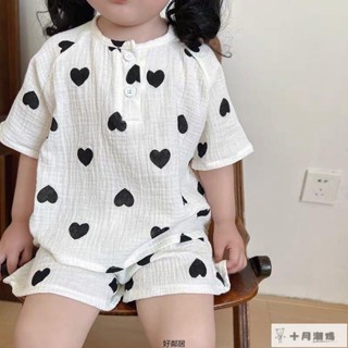 『兒童睡衣』夏季睡衣 居家服套裝 男童睡衣 女童睡衣 夏季寶寶棉紗薄款家居服套裝男童女童棉紗布睡衣兒童空調服網紅款 HL