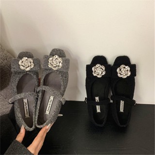 【LP shop】瑪麗珍女鞋 樂福鞋女 瑪麗珍鞋 樂福鞋 單鞋 小香風粗跟棉單鞋女瓢鞋 鼕毛呢方頭水鑽蝴蝶結加絨瑪麗珍鞋