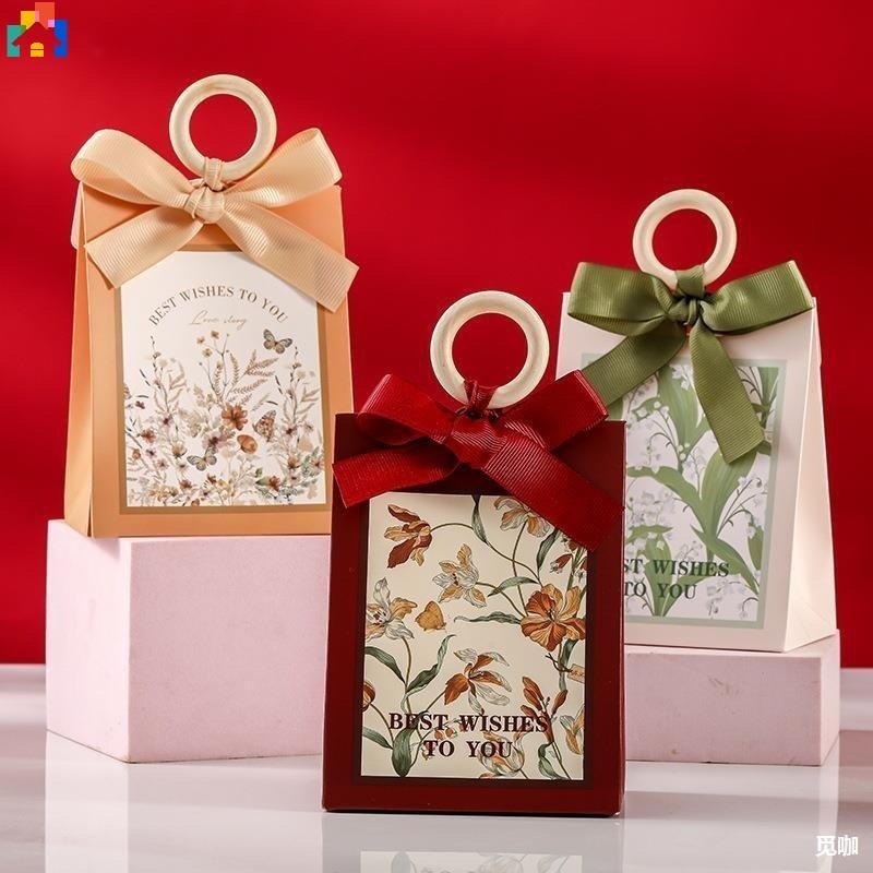 創意精美木環手持巧克力糖果包裝盒帶絲帶時尚花卉印花餅乾禮盒婚禮情人節派對裝飾