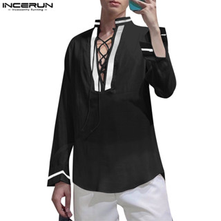 Incerun 男士韓版時尚V領織帶繫帶拼色長袖襯衫