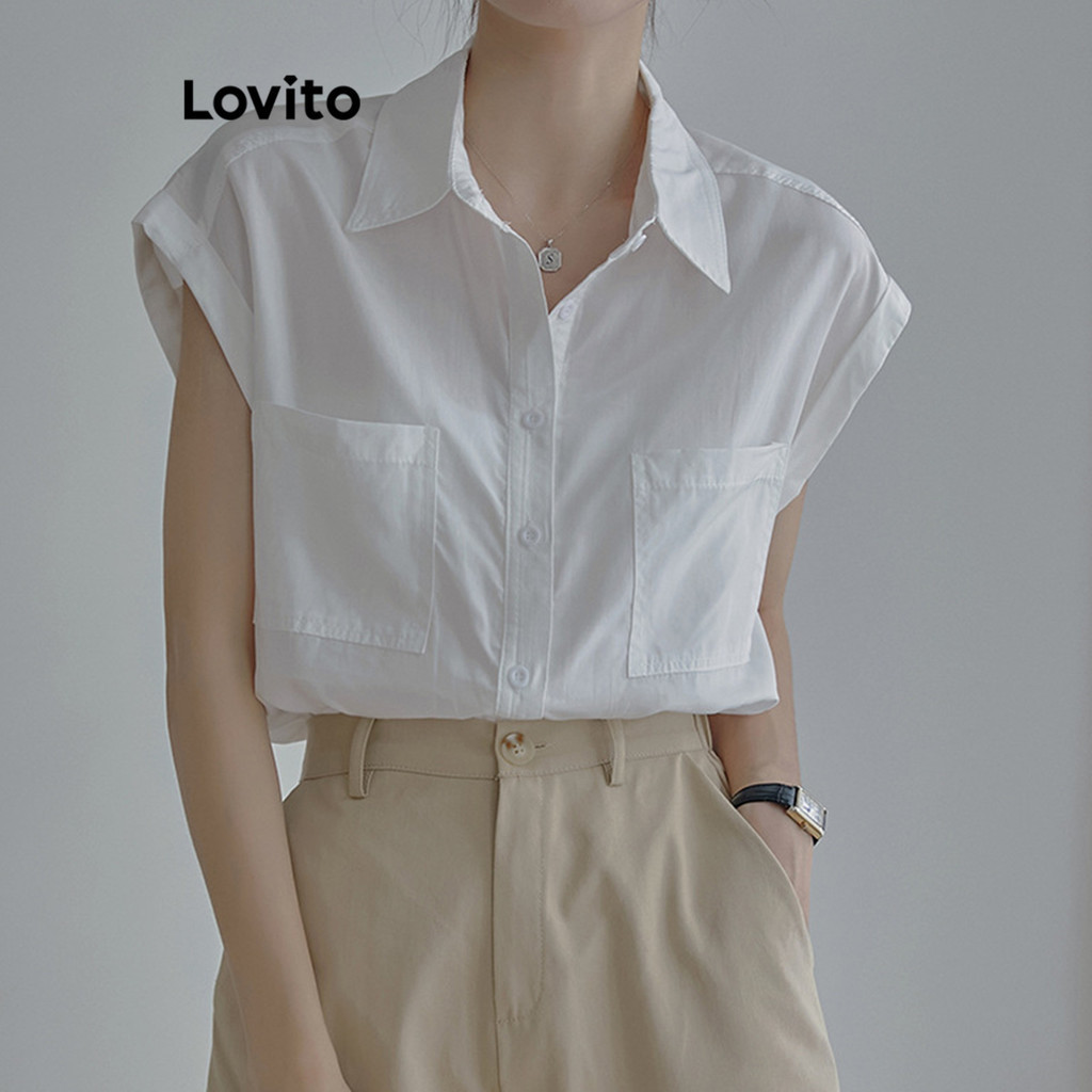 Lovito 女休閒素色口袋襯衫（白色） LNL36088 (白色)