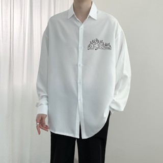 M-3XL 秋季襯衫男 長袖外套 寬鬆港風設計感印花上衣服 2024新款休閒襯衫潮