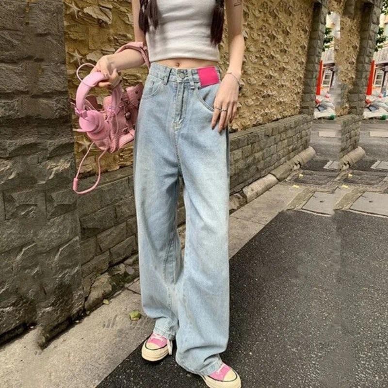 長褲女式牛仔褲帶口袋直筒藍色高腰射擊褲女式新款 Xxl Spanx Gyaru Streetwear Hippie A