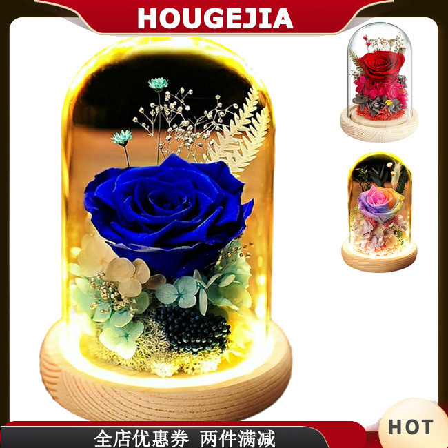 Houg Forever 玻璃圓頂花帶 LED 燈玫瑰裝飾玫瑰花禮物婚禮派對聖誕節和