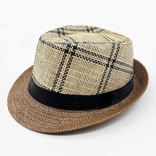 新款潮流男士草編禮帽條紋英倫爵士帽戶外沙灘遮陽帽