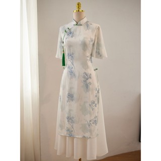 【橙小姐服裝店】洋裝 改良式旗袍 茶藝服 中式女裝 S-2XL 印花旗袍 改良式漢服 兩件套旗袍 2025 洋裝 中國風
