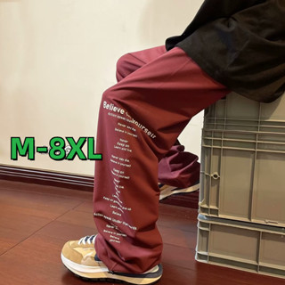 🔥48H出貨 M-8XL 美式潮流大尺碼褲子男 字母印花 鬆緊腰抽繩綁帶運動褲 垂墜感闊腿休閒褲 寬鬆顯瘦 男生紅色長褲