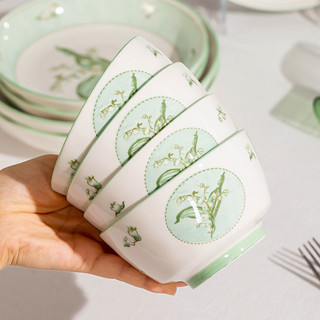 鈴蘭綠色釉下彩陶瓷碗 創意十足陶瓷餐具家用飯碗 小清新碗盤套裝 家用陶瓷碗盤