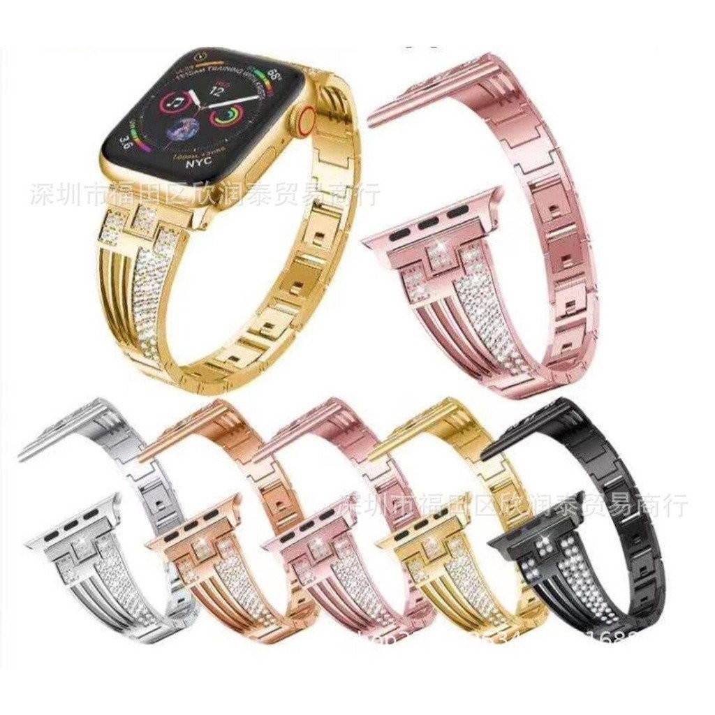 適用蘋果手錶Apple Watch 9代扇形鑲鑽鋼帶 金屬錶帶 iwatch S9 8 7 6 SE不水鑽手錶帶