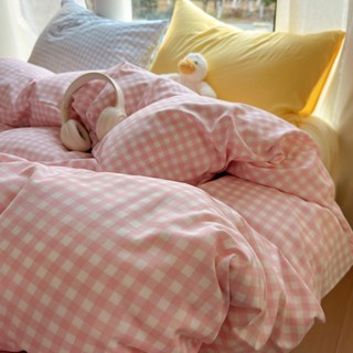 韓國ins博主奶油風少女心格子素色混搭簡約軟糯糯水洗棉床包四件組 單人/雙人/加大雙人床包組 床單被套枕頭套 床罩組