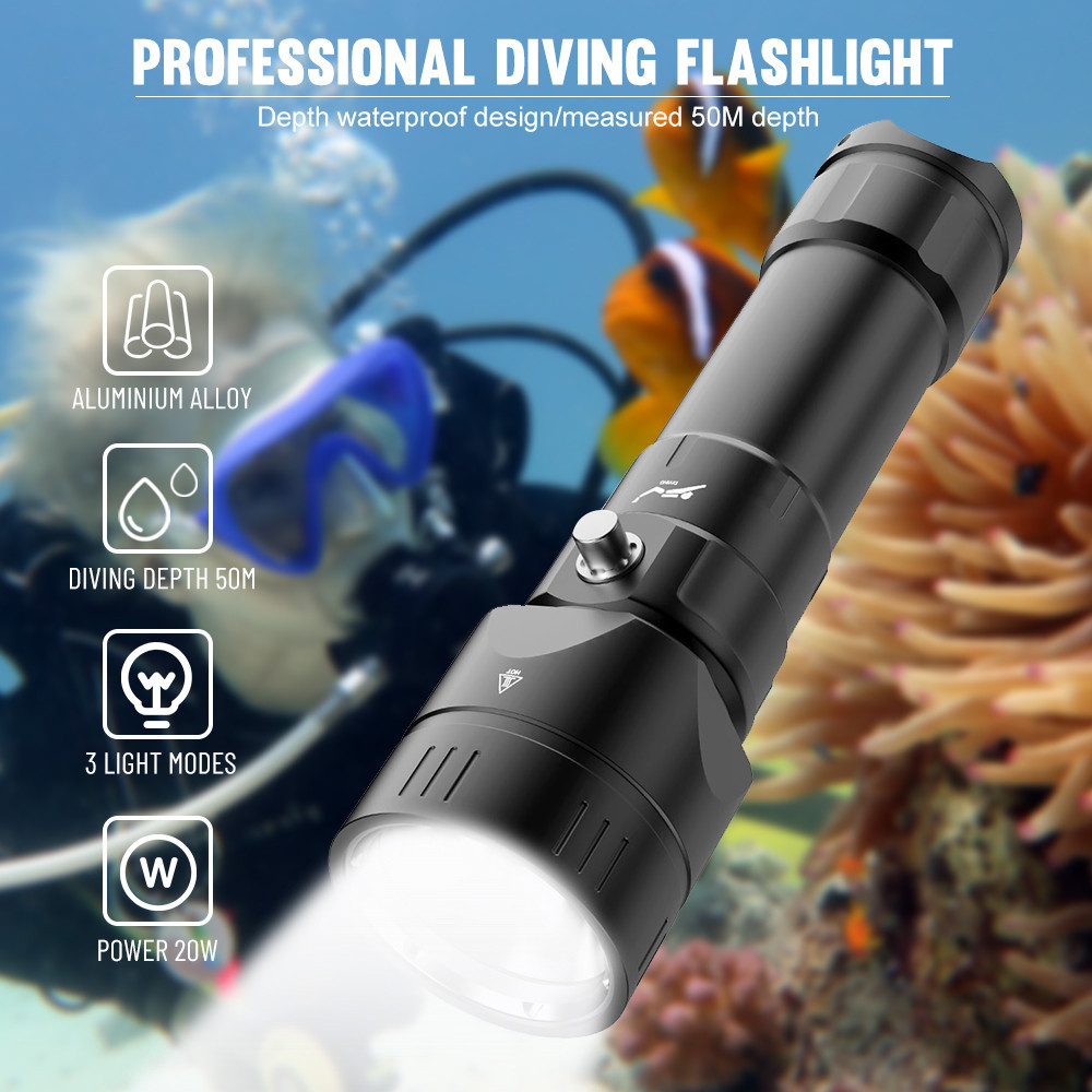 超亮潛水水肺手電筒 XHP70 潛水手電筒 18650 26650 電池水下 50 米 LED 水肺潛水手電筒