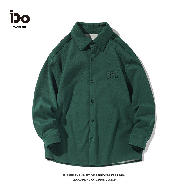 【IDO】高品質鋼印襯衫2024 春季新款 港風墨綠色 日系 凹凸字 立體字大尺碼鳳梨格M-5XL