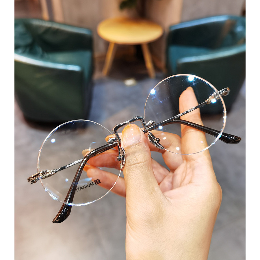 新款超輕純鈦無框眼鏡 圓框大框平光鏡 男女潮斯文百搭素顏可配近視防藍光眼鏡