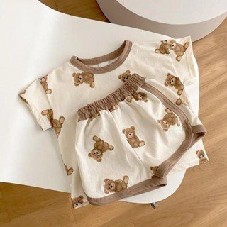 【現貨】小菟家 ins夏款韓國嬰兒可愛卡通熊短袖T恤上衣+短褲男女寶寶2件套裝 高品質童裝