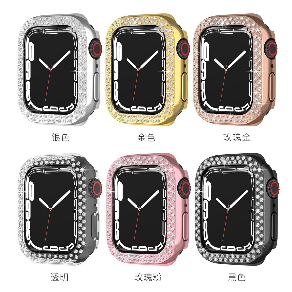 適用蘋果手錶Apple Watch 876543電鍍手錶殼pc雙排鑲鑽鏤空保護套
