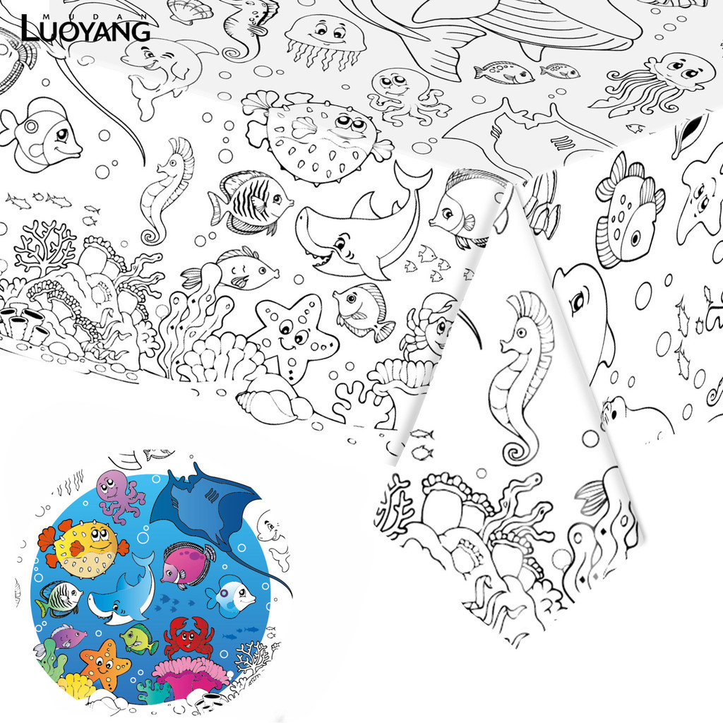 洛陽牡丹 海洋動物大號著色海報兒童塗鴉繪畫藍色海底世界主題可降解紙桌布
