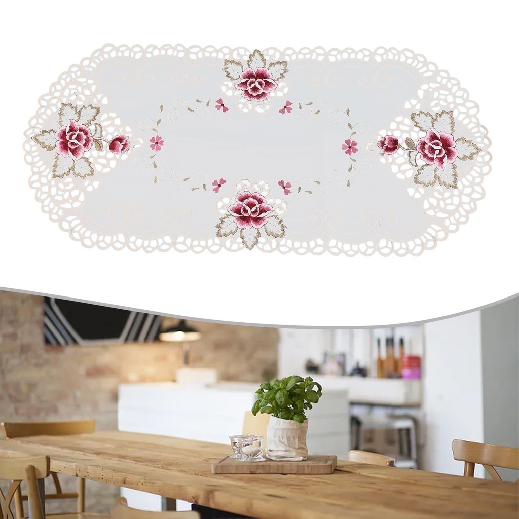 白色橢圓形蕾絲桌布桌巾刺繡花卉小桌罩家居裝飾